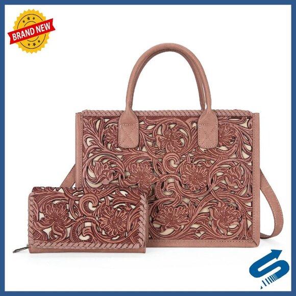 Handbags - Genuine Leather Tote Bag with Detachable Crossbody Strap & Wallet Set